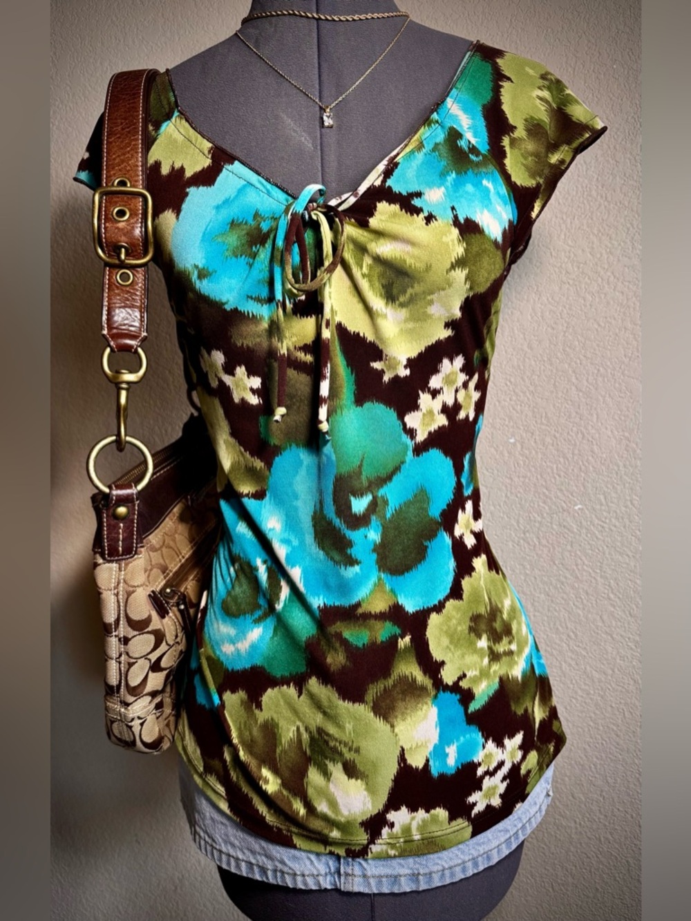 Vintage Y2K 90s Floral Blouse Carol Rose M Blue Brown Green